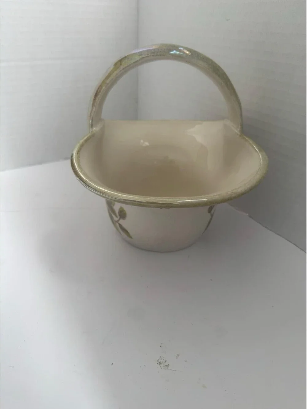 Vintage Ceramic Floral Basket Vase — Pink Roses & Iridescent Luster Glaze